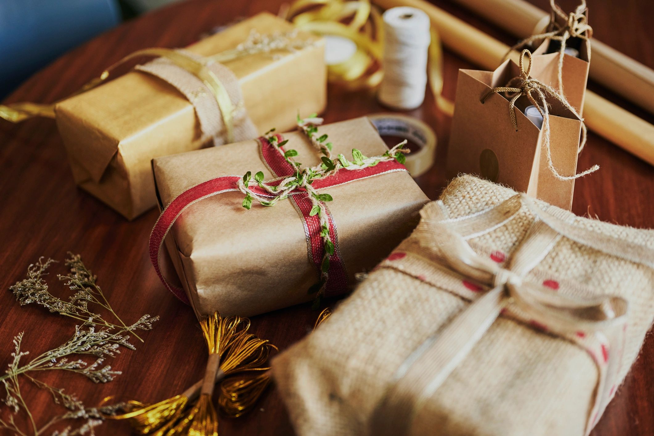 Wrapped packages on a table